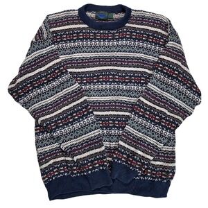 Etchings Vintage Fair Isle Crewneck Sweater Mens XL Navy Blue Cotton Ramie Blend